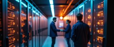 Ein warm ausgeleuchteter, moderner Serverraum mit freundlichen IT-Experten in lebhafter Teamarbeit vor glänzenden Monitoren, die konzentriert qualitätsvolle Datenströme überwachen und so die innovative Technologie von HA Proxy und ihre Rolle als zuverlässiger Reverse Proxy in der digitalen Infrastruktur verkörpern.