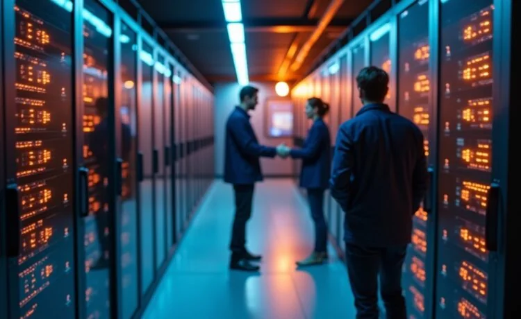 Ein warm ausgeleuchteter, moderner Serverraum mit freundlichen IT-Experten in lebhafter Teamarbeit vor glänzenden Monitoren, die konzentriert qualitätsvolle Datenströme überwachen und so die innovative Technologie von HA Proxy und ihre Rolle als zuverlässiger Reverse Proxy in der digitalen Infrastruktur verkörpern.