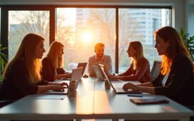 Ein lichtdurchflutetes modernes Büro mit einem interdisziplinären Team aus Designer:innen und UX-Researcher:innen, die konzentriert an Laptops und Tablets arbeiten und sich dabei angeregt austauschen, um nutzerzentrierte Weblösungen zu entwickeln – warmes Tageslicht strömt durch große Fenster und schafft eine freundliche, einladende Atmosphäre voller kreativer Energie.