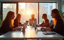 Ein lichtdurchflutetes modernes Büro mit einem interdisziplinären Team aus Designer:innen und UX-Researcher:innen, die konzentriert an Laptops und Tablets arbeiten und sich dabei angeregt austauschen, um nutzerzentrierte Weblösungen zu entwickeln – warmes Tageslicht strömt durch große Fenster und schafft eine freundliche, einladende Atmosphäre voller kreativer Energie.