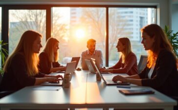 Ein lichtdurchflutetes modernes Büro mit einem interdisziplinären Team aus Designer:innen und UX-Researcher:innen, die konzentriert an Laptops und Tablets arbeiten und sich dabei angeregt austauschen, um nutzerzentrierte Weblösungen zu entwickeln – warmes Tageslicht strömt durch große Fenster und schafft eine freundliche, einladende Atmosphäre voller kreativer Energie.