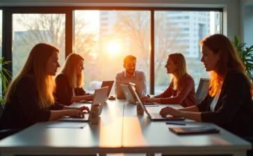 Ein lichtdurchflutetes modernes Büro mit einem interdisziplinären Team aus Designer:innen und UX-Researcher:innen, die konzentriert an Laptops und Tablets arbeiten und sich dabei angeregt austauschen, um nutzerzentrierte Weblösungen zu entwickeln – warmes Tageslicht strömt durch große Fenster und schafft eine freundliche, einladende Atmosphäre voller kreativer Energie.