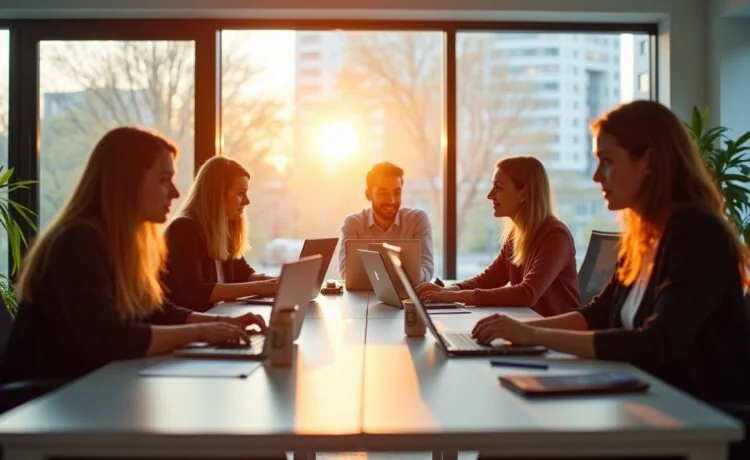 Ein lichtdurchflutetes modernes Büro mit einem interdisziplinären Team aus Designer:innen und UX-Researcher:innen, die konzentriert an Laptops und Tablets arbeiten und sich dabei angeregt austauschen, um nutzerzentrierte Weblösungen zu entwickeln – warmes Tageslicht strömt durch große Fenster und schafft eine freundliche, einladende Atmosphäre voller kreativer Energie.