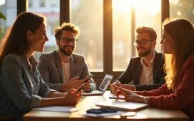 In einem hell erleuchteten, modernen Büro sitzt eine vielfältige Gruppe junger Menschen entspannt mit Smartphones in der Hand zusammen, während warme Sonnenstrahlen sanft durch große Fenster fallen und die Atmosphäre eines zukunftsorientierten, digitalen Austauschs voller Innovation und Vernetzung einfangen.