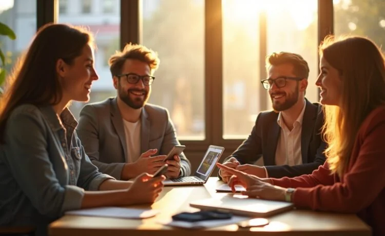 In einem hell erleuchteten, modernen Büro sitzt eine vielfältige Gruppe junger Menschen entspannt mit Smartphones in der Hand zusammen, während warme Sonnenstrahlen sanft durch große Fenster fallen und die Atmosphäre eines zukunftsorientierten, digitalen Austauschs voller Innovation und Vernetzung einfangen.