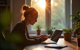 Eine helle, natürlich beleuchtete Szene in einem modernen, freundlichen Home-Office, in dem eine entspannte Person konzentriert auf einem Smartphone die neue WhatsApp-Sicherheitsfunktion nutzt – warmes Tageslicht durch großes Fenster, organische Details wie Pflanzen und persönliche Gegenstände schaffen eine einladende, vertrauensvolle Atmosphäre zwischen digitalem Schutz und menschlicher Nähe.