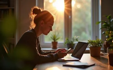 Eine helle, natürlich beleuchtete Szene in einem modernen, freundlichen Home-Office, in dem eine entspannte Person konzentriert auf einem Smartphone die neue WhatsApp-Sicherheitsfunktion nutzt – warmes Tageslicht durch großes Fenster, organische Details wie Pflanzen und persönliche Gegenstände schaffen eine einladende, vertrauensvolle Atmosphäre zwischen digitalem Schutz und menschlicher Nähe.