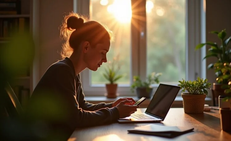 Eine helle, natürlich beleuchtete Szene in einem modernen, freundlichen Home-Office, in dem eine entspannte Person konzentriert auf einem Smartphone die neue WhatsApp-Sicherheitsfunktion nutzt – warmes Tageslicht durch großes Fenster, organische Details wie Pflanzen und persönliche Gegenstände schaffen eine einladende, vertrauensvolle Atmosphäre zwischen digitalem Schutz und menschlicher Nähe.