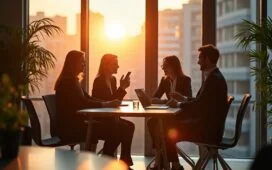 Ein warm beleuchtetes, modernes Büro mit freundlichen Geschäftspersonen in angeregtem Gespräch vor großen Fenstern, die durch sanftes Tageslicht eine Atmosphäre von Offenheit und Zuversicht schaffen und so das Spannungsfeld zwischen datenschutzkonformer Innovation und globaler Wettbewerbsfähigkeit symbolisieren.