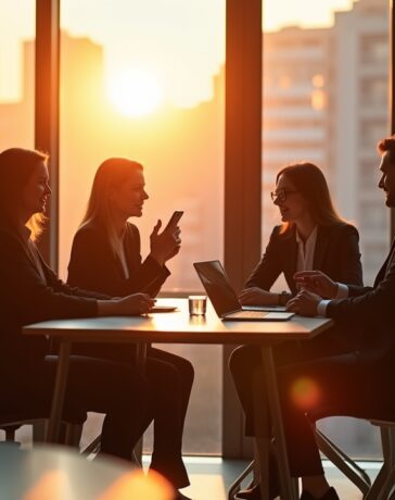 Ein warm beleuchtetes, modernes Büro mit freundlichen Geschäftspersonen in angeregtem Gespräch vor großen Fenstern, die durch sanftes Tageslicht eine Atmosphäre von Offenheit und Zuversicht schaffen und so das Spannungsfeld zwischen datenschutzkonformer Innovation und globaler Wettbewerbsfähigkeit symbolisieren.
