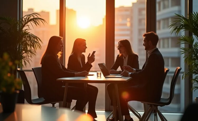 Ein warm beleuchtetes, modernes Büro mit freundlichen Geschäftspersonen in angeregtem Gespräch vor großen Fenstern, die durch sanftes Tageslicht eine Atmosphäre von Offenheit und Zuversicht schaffen und so das Spannungsfeld zwischen datenschutzkonformer Innovation und globaler Wettbewerbsfähigkeit symbolisieren.