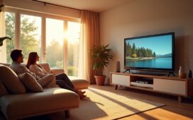 Ein hell erleuchtetes Wohnzimmer mit modernem Google TV, das eine warme, freundliche Atmosphäre ausstrahlt, während ein entspanntes Paar morgens die sprachgesteuerten KI-Funktionen des Fernsehers nutzt – natürliche Sonnenstrahlen fallen sanft durch große Fenster und unterstreichen die realistischen Details der Umgebung.