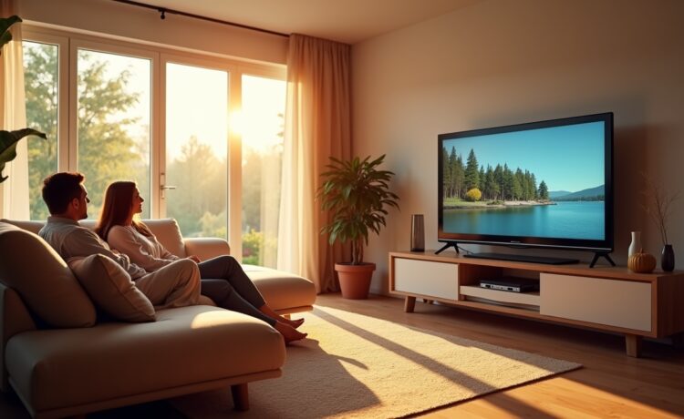 Ein hell erleuchtetes Wohnzimmer mit modernem Google TV, das eine warme, freundliche Atmosphäre ausstrahlt, während ein entspanntes Paar morgens die sprachgesteuerten KI-Funktionen des Fernsehers nutzt – natürliche Sonnenstrahlen fallen sanft durch große Fenster und unterstreichen die realistischen Details der Umgebung.