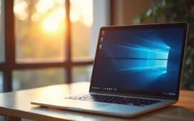 Ein hell erleuchtetes, modernes Home-Office mit offenem Laptop-Bildschirm, auf dem dezente Windows-11-Designelemente erkennbar sind, während im Hintergrund freundliches Tageslicht durch ein großes Fenster fällt und eine ruhige, zugleich inspirierende Atmosphäre von digitaler Sicherheit und technischer Zuverlässigkeit vermittelt wird.