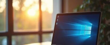 Ein hell erleuchtetes, modernes Home-Office mit offenem Laptop-Bildschirm, auf dem dezente Windows-11-Designelemente erkennbar sind, während im Hintergrund freundliches Tageslicht durch ein großes Fenster fällt und eine ruhige, zugleich inspirierende Atmosphäre von digitaler Sicherheit und technischer Zuverlässigkeit vermittelt wird.