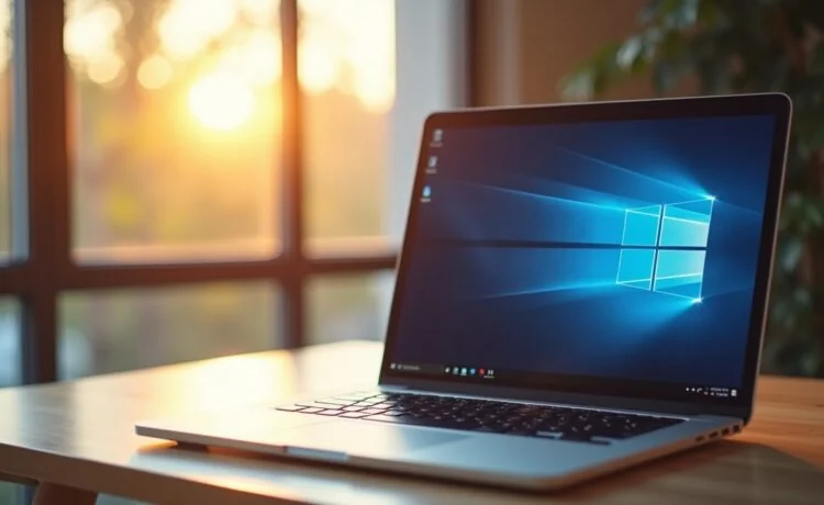 Ein hell erleuchtetes, modernes Home-Office mit offenem Laptop-Bildschirm, auf dem dezente Windows-11-Designelemente erkennbar sind, während im Hintergrund freundliches Tageslicht durch ein großes Fenster fällt und eine ruhige, zugleich inspirierende Atmosphäre von digitaler Sicherheit und technischer Zuverlässigkeit vermittelt wird.