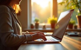 Ein hell erleuchtetes, modernes Home-Office mit strahlendem Tageslicht, in dem eine nachdenkliche Person vor einem geöffneten Laptop sitzt und eine analoge Computertastatur berührt, während im Hintergrund sanfte Pflanzen und warme Holzelemente eine Atmosphäre von Ruhe, Fortschritt und digitaler Vernetzung schaffen.