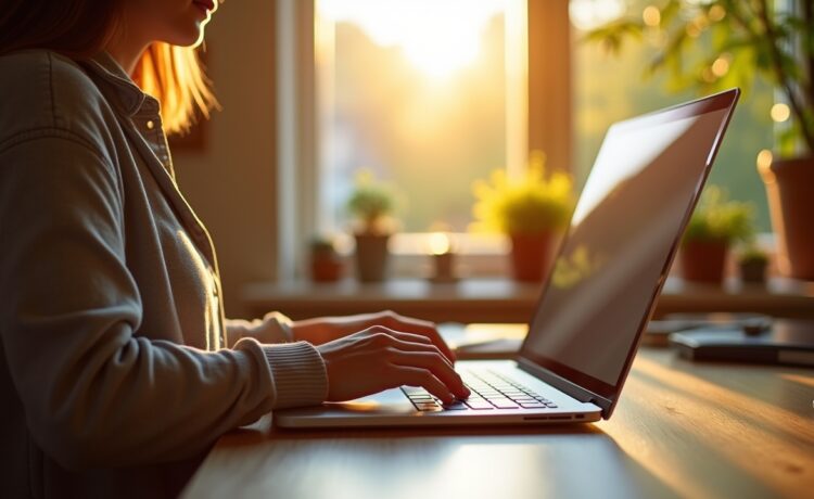 Ein hell erleuchtetes, modernes Home-Office mit strahlendem Tageslicht, in dem eine nachdenkliche Person vor einem geöffneten Laptop sitzt und eine analoge Computertastatur berührt, während im Hintergrund sanfte Pflanzen und warme Holzelemente eine Atmosphäre von Ruhe, Fortschritt und digitaler Vernetzung schaffen.