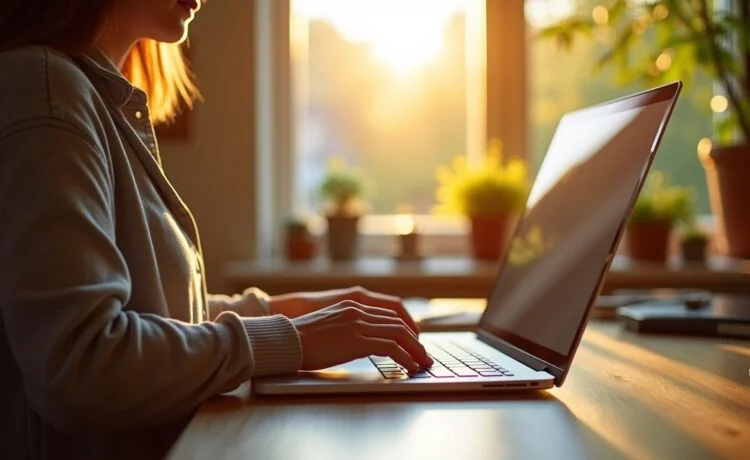 Ein hell erleuchtetes, modernes Home-Office mit strahlendem Tageslicht, in dem eine nachdenkliche Person vor einem geöffneten Laptop sitzt und eine analoge Computertastatur berührt, während im Hintergrund sanfte Pflanzen und warme Holzelemente eine Atmosphäre von Ruhe, Fortschritt und digitaler Vernetzung schaffen.