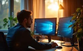 Ein hell ausgeleuchtetes, freundliches IT-Büro mit einem konzentrierten Administrator vor mehreren Bildschirmen, die Windows-Systeme zeigen, während Sonnenlicht sanft durchs Fenster fällt und eine warme, einladende Atmosphäre schafft, die die Herausforderungen der Offline-Aktivierung in isolierten Netzwerken subtil widerspiegelt.