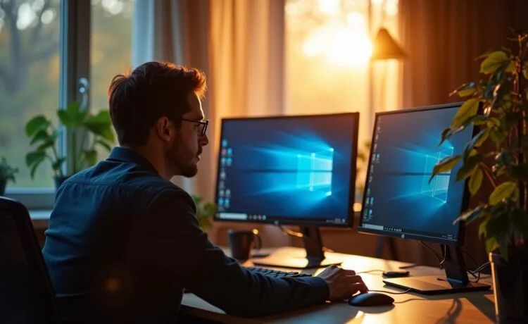 Ein hell ausgeleuchtetes, freundliches IT-Büro mit einem konzentrierten Administrator vor mehreren Bildschirmen, die Windows-Systeme zeigen, während Sonnenlicht sanft durchs Fenster fällt und eine warme, einladende Atmosphäre schafft, die die Herausforderungen der Offline-Aktivierung in isolierten Netzwerken subtil widerspiegelt.