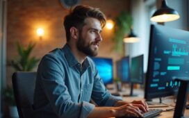 Ein heller, freundlicher IT-Arbeitsplatz in einem modernen Büro mit einem fokussierten Administrator vor mehreren Bildschirmen, auf denen Sicherheitssoftware läuft, umgeben von natürlichem Tageslicht und warmen Holzakzenten, der entschlossen und zuversichtlich das kritische Thema Server-Sicherheit anpackt.