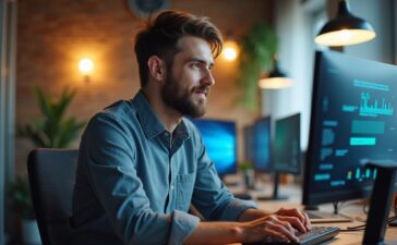 Ein heller, freundlicher IT-Arbeitsplatz in einem modernen Büro mit einem fokussierten Administrator vor mehreren Bildschirmen, auf denen Sicherheitssoftware läuft, umgeben von natürlichem Tageslicht und warmen Holzakzenten, der entschlossen und zuversichtlich das kritische Thema Server-Sicherheit anpackt.