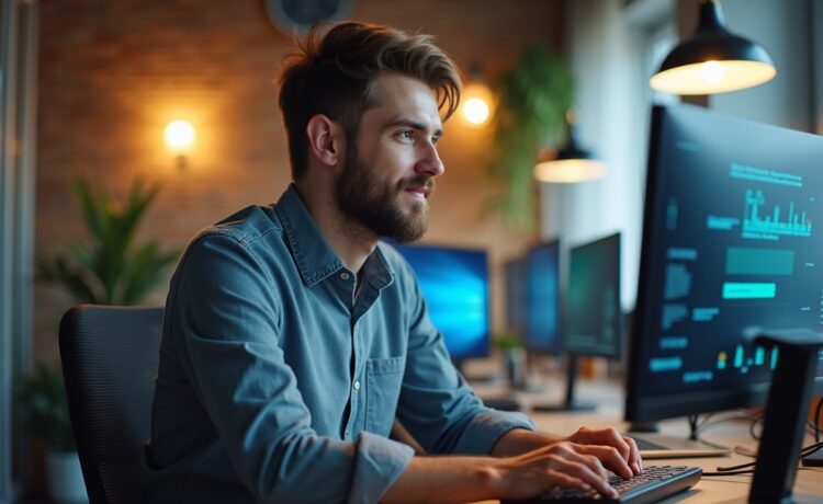 Ein heller, freundlicher IT-Arbeitsplatz in einem modernen Büro mit einem fokussierten Administrator vor mehreren Bildschirmen, auf denen Sicherheitssoftware läuft, umgeben von natürlichem Tageslicht und warmen Holzakzenten, der entschlossen und zuversichtlich das kritische Thema Server-Sicherheit anpackt.