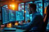 Ein hell erleuchteter Arbeitsplatz mit einem fokussierten IT-Experten vor mehreren Bildschirmen, die komplexe Codes und Netzwerkdiagramme zeigen, umgeben von modernen Serverracks und warmem Tageslicht, das eine Atmosphäre von Kompetenz, Wachsamkeit und Zuversicht ausstrahlt.