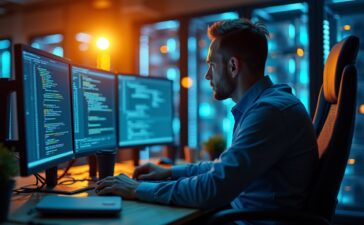 Ein hell erleuchteter Arbeitsplatz mit einem fokussierten IT-Experten vor mehreren Bildschirmen, die komplexe Codes und Netzwerkdiagramme zeigen, umgeben von modernen Serverracks und warmem Tageslicht, das eine Atmosphäre von Kompetenz, Wachsamkeit und Zuversicht ausstrahlt.