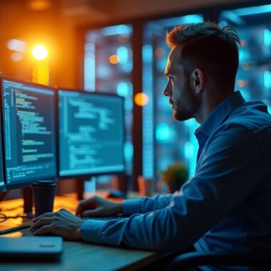 Ein hell erleuchteter Arbeitsplatz mit einem fokussierten IT-Experten vor mehreren Bildschirmen, die komplexe Codes und Netzwerkdiagramme zeigen, umgeben von modernen Serverracks und warmem Tageslicht, das eine Atmosphäre von Kompetenz, Wachsamkeit und Zuversicht ausstrahlt.