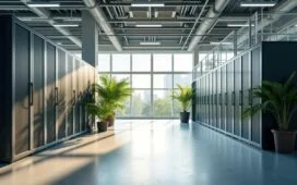 Ein hell erleuchteter, moderner Serverraum mit klar strukturierter, modularer Technik, sanftes natürliches Licht durch große Fenster reflektiert die nachhaltige Hightech-Atmosphäre einer zukunftsweisenden, energieeffizienten Rechenzentrumsarchitektur mit warmen Holzakzenten und frischen Pflanzen als Symbol für Umweltbewusstsein.