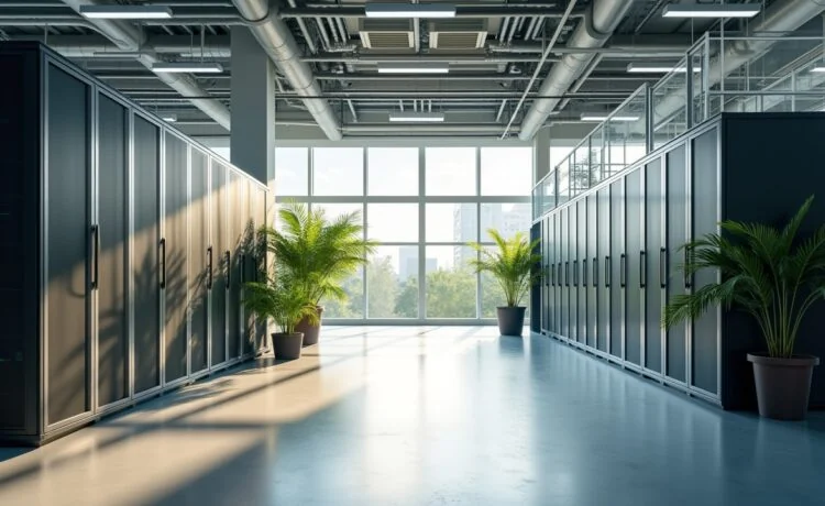 Ein hell erleuchteter, moderner Serverraum mit klar strukturierter, modularer Technik, sanftes natürliches Licht durch große Fenster reflektiert die nachhaltige Hightech-Atmosphäre einer zukunftsweisenden, energieeffizienten Rechenzentrumsarchitektur mit warmen Holzakzenten und frischen Pflanzen als Symbol für Umweltbewusstsein.