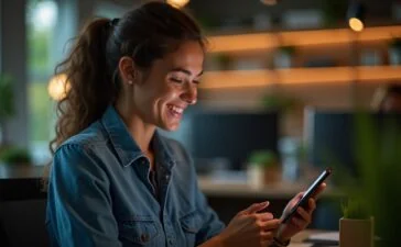 Eine helle, natürlich ausgeleuchtete Szene in einem modernen Büro, in der eine entspannte Person mit einem Smartphone lächelnd einen sicheren Login mit Zwei-Faktor-Authentifikation durchführt, umgeben von warmen Holzakzenten und lebendig-grünen Pflanzen, die Vertrauen und technische Sicherheit ausstrahlt.