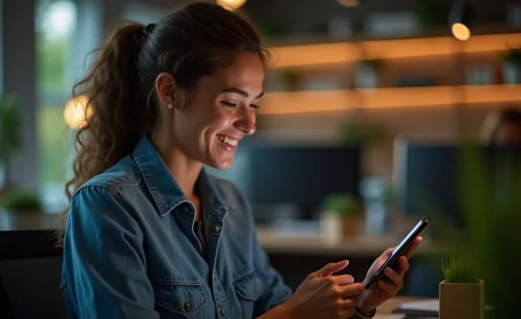 Eine helle, natürlich ausgeleuchtete Szene in einem modernen Büro, in der eine entspannte Person mit einem Smartphone lächelnd einen sicheren Login mit Zwei-Faktor-Authentifikation durchführt, umgeben von warmen Holzakzenten und lebendig-grünen Pflanzen, die Vertrauen und technische Sicherheit ausstrahlt.