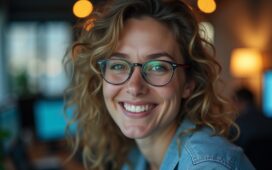 Ein warm beleuchtetes, natürliches Porträt einer aufgeschlossenen Person vor einem hellen, modernen Arbeitsplatz mit subtilen technischen Details, das die freundliche Verbindung zwischen Mensch und intelligenter Software in einer klaren, editorialen Bildsprache zeigt.