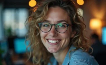 Ein warm beleuchtetes, natürliches Porträt einer aufgeschlossenen Person vor einem hellen, modernen Arbeitsplatz mit subtilen technischen Details, das die freundliche Verbindung zwischen Mensch und intelligenter Software in einer klaren, editorialen Bildsprache zeigt.