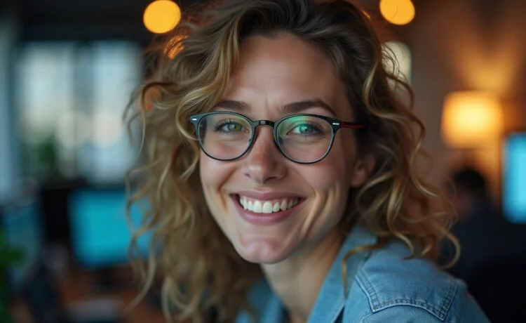 Ein warm beleuchtetes, natürliches Porträt einer aufgeschlossenen Person vor einem hellen, modernen Arbeitsplatz mit subtilen technischen Details, das die freundliche Verbindung zwischen Mensch und intelligenter Software in einer klaren, editorialen Bildsprache zeigt.