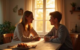 Eine warm beleuchtete, natürliche Szene zeigt eine fürsorgliche Mutter und einen Teenager, die entspannt am Esstisch sitzen und ein ehrliches, offenes Gespräch führen, während sanftes Tageslicht harmonisch ihre einfühlsame Verbindung und das ambivalente Zusammenspiel von Mensch und moderner KI-Technologie symbolisiert.