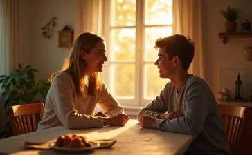 Eine warm beleuchtete, natürliche Szene zeigt eine fürsorgliche Mutter und einen Teenager, die entspannt am Esstisch sitzen und ein ehrliches, offenes Gespräch führen, während sanftes Tageslicht harmonisch ihre einfühlsame Verbindung und das ambivalente Zusammenspiel von Mensch und moderner KI-Technologie symbolisiert.