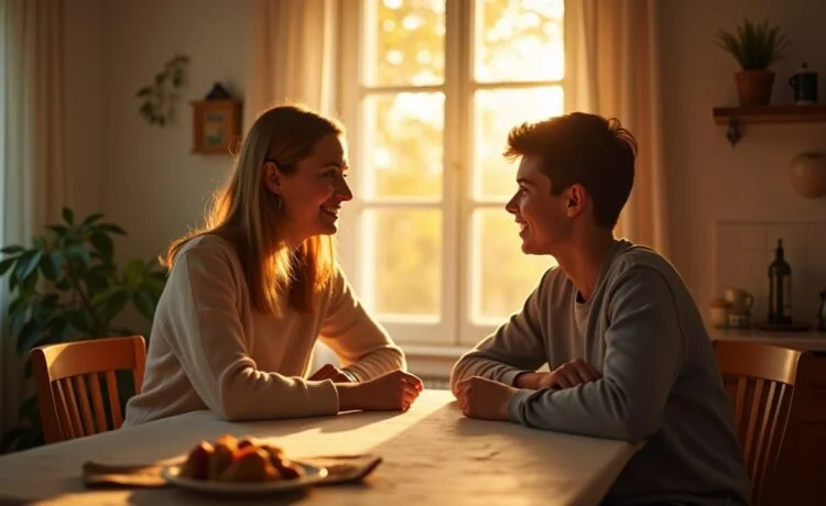 Eine warm beleuchtete, natürliche Szene zeigt eine fürsorgliche Mutter und einen Teenager, die entspannt am Esstisch sitzen und ein ehrliches, offenes Gespräch führen, während sanftes Tageslicht harmonisch ihre einfühlsame Verbindung und das ambivalente Zusammenspiel von Mensch und moderner KI-Technologie symbolisiert.