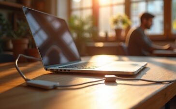 Ein heller, sonnendurchfluteter Coworking-Space mit einem offenen MacBook auf einem Holztisch, neben dem elegant das magnetische MagSafe-Ladekabel in natürlichem, warmem Licht liegt, während im Hintergrund unscharfe Personen fokussiertes Arbeiten und eine freundliche, produktive Atmosphäre vermitteln.