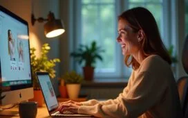 Eine helle, moderne Büroszene mit entspannter Person, die lächelnd am Laptop sitzt und sich von einer freundlichen, dezent animierten KI-Oberfläche auf dem Bildschirm beim Online-Shopping unterstützen lässt, umgeben von warmem Tageslicht und stilvoller, natürlicher Einrichtung, die Innovation und Vertrauen im digitalen Handel ausstrahlt.