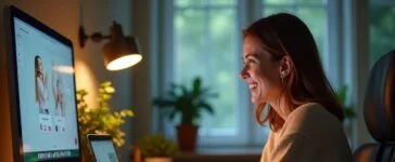 Eine helle, moderne Büroszene mit entspannter Person, die lächelnd am Laptop sitzt und sich von einer freundlichen, dezent animierten KI-Oberfläche auf dem Bildschirm beim Online-Shopping unterstützen lässt, umgeben von warmem Tageslicht und stilvoller, natürlicher Einrichtung, die Innovation und Vertrauen im digitalen Handel ausstrahlt.