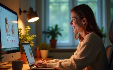 Eine helle, moderne Büroszene mit entspannter Person, die lächelnd am Laptop sitzt und sich von einer freundlichen, dezent animierten KI-Oberfläche auf dem Bildschirm beim Online-Shopping unterstützen lässt, umgeben von warmem Tageslicht und stilvoller, natürlicher Einrichtung, die Innovation und Vertrauen im digitalen Handel ausstrahlt.