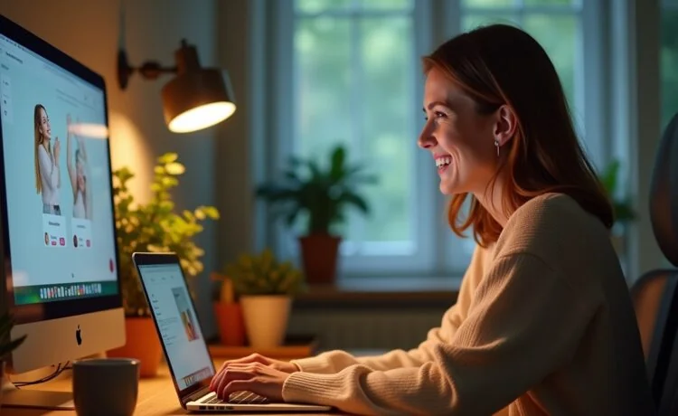 Eine helle, moderne Büroszene mit entspannter Person, die lächelnd am Laptop sitzt und sich von einer freundlichen, dezent animierten KI-Oberfläche auf dem Bildschirm beim Online-Shopping unterstützen lässt, umgeben von warmem Tageslicht und stilvoller, natürlicher Einrichtung, die Innovation und Vertrauen im digitalen Handel ausstrahlt.