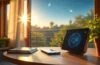 Ein Sonnenlicht durchfluteter Balkon bei Tagesanbruch, auf dem ein modern designtes Smart-Teleskop neben Notizbuch und Smartphone steht, umgeben von warmen Holztönen und Pflanzen, während im Hintergrund durch ein großes Fenster ein sanft blauer Himmel mit ersten Sternen zu sehen ist – symbolisch für die gelungene Verbindung von Hightech und natürlicher Neugierde auf das Universum.