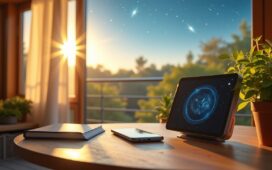 Ein Sonnenlicht durchfluteter Balkon bei Tagesanbruch, auf dem ein modern designtes Smart-Teleskop neben Notizbuch und Smartphone steht, umgeben von warmen Holztönen und Pflanzen, während im Hintergrund durch ein großes Fenster ein sanft blauer Himmel mit ersten Sternen zu sehen ist – symbolisch für die gelungene Verbindung von Hightech und natürlicher Neugierde auf das Universum.