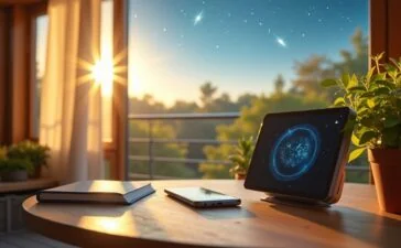 Ein Sonnenlicht durchfluteter Balkon bei Tagesanbruch, auf dem ein modern designtes Smart-Teleskop neben Notizbuch und Smartphone steht, umgeben von warmen Holztönen und Pflanzen, während im Hintergrund durch ein großes Fenster ein sanft blauer Himmel mit ersten Sternen zu sehen ist – symbolisch für die gelungene Verbindung von Hightech und natürlicher Neugierde auf das Universum.