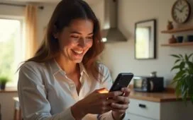 Ein hell erleuchteter, moderner Wohnraum, in dem eine junge Person mit warmem Lächeln sorgsam ihr älteres Samsung-Smartphone in den Händen hält, umgeben von natürlichem Tageslicht und dezenten technischen Details, die Komfort und behutsame Achtsamkeit im digitalen Alltag ausstrahlen.